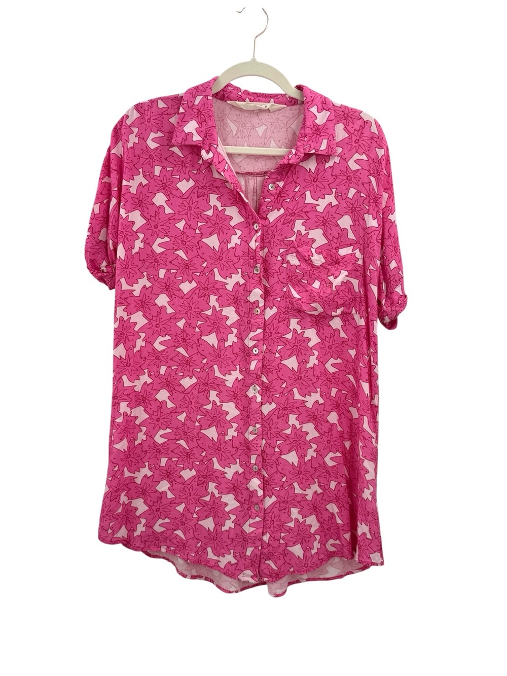 Citrine Pink Floral Button Front Blouse Medium Boho Resort Tunic Top Coverup